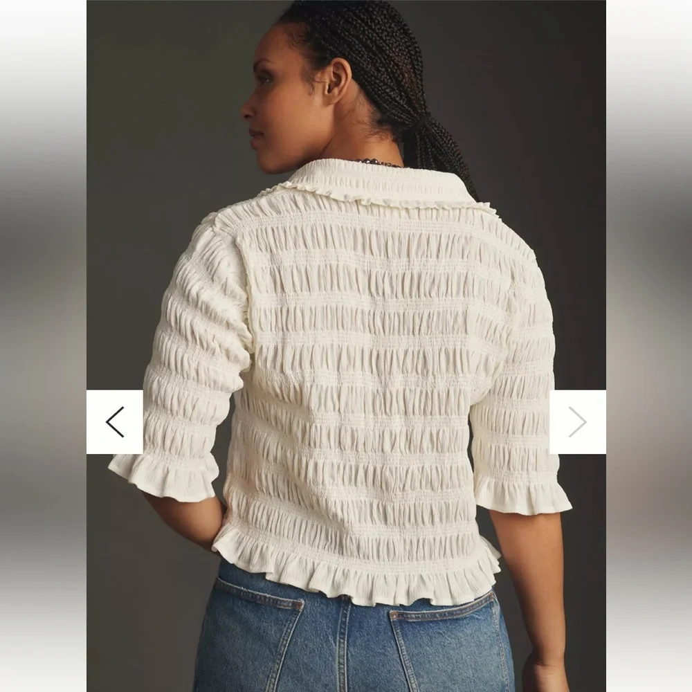 MAEVE Anthropologie Smocked Button Front Top Ivory Natural Cottagecore Chic 2X - Picture 6 of 16